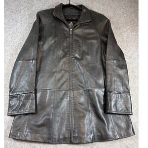 Vintage 80s Tibor Leathers Jacket Womens Size XL Black Full Zip Long Line Coat